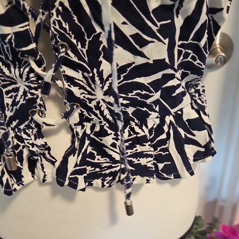 Blue Island Navy and Cream Leaf Print 2 Piece Set - Picture 8 of 14